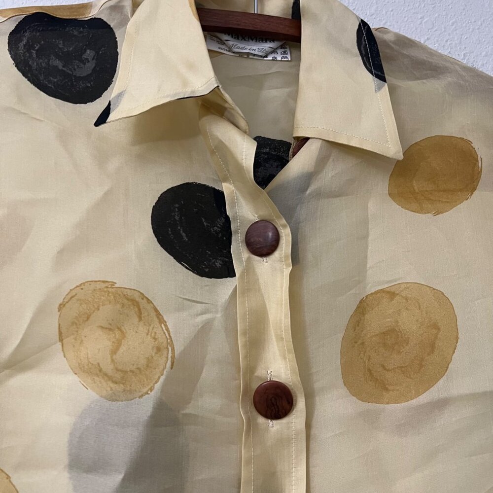 MaxMara Womens Beige Black Polka Dot Italy Silk Organza Button Shirt Blouse Sz 4 - Picture 3 of 6